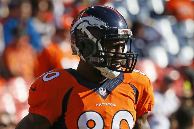 Denver Broncos tight end Vernon Davis looks on during an NFL football game between the Denver Broncos and the Kansas City Chiefs, Sunday, Nov. 15, 2015, in Denver. (AP Photo/Jack Dempsey)