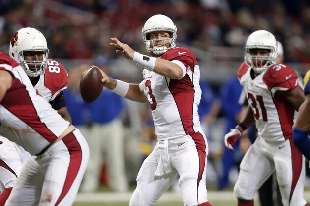 Arizona Cardinals quarterback Carson Palmer throws during the fourth quarter of an NFL football game against the St. Louis Rams on Sunday, Dec. 6, 2015, in St. Louis. (AP Photo/Tom Gannam)