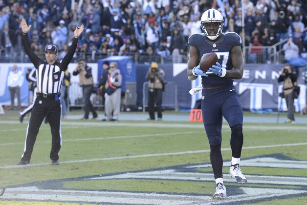 Tennessee Titans wide receiver Dorial Green-Beckham (17) scores a touchdown on a 47-yard pass play against the Jacksonville Jaguars in the second half of an NFL football game Sunday, Dec. 6, 2015, in Nashville, Tenn. (AP Photo/Mark Zaleski)