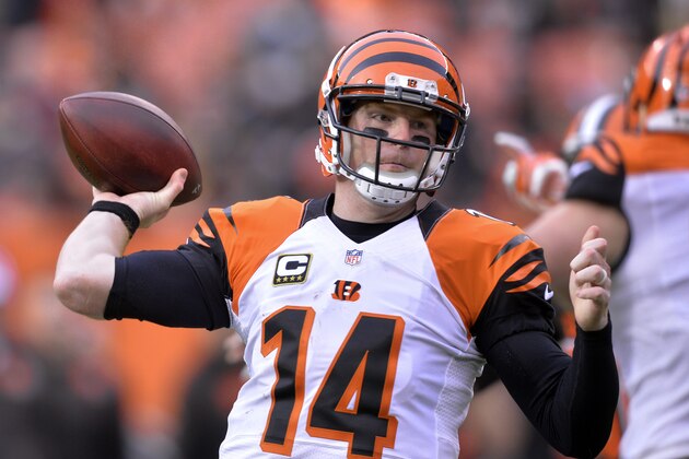 Cincinnati Bengals quarterback Andy Dalton (14) passes in the first half of an NFL football game against the Cleveland Browns, Sunday, Dec. 6, 2015, in Cleveland. (AP Photo/David Richard)