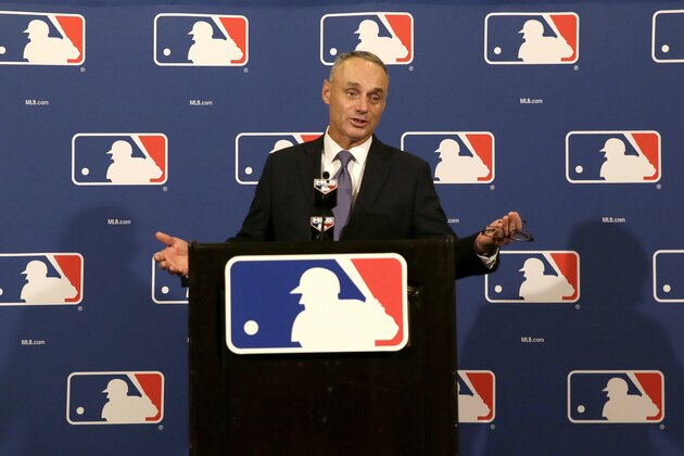 Major League Baseball Commissioner Rob Manfred speaks during a news conference after wrapping up the MLB owners meeting, Thursday, Nov. 19, 2015, in Dallas. Major League Baseball is close to new recommendations for safety netting at its stadiums for the 2016 season. Commissioner Manfred says fan safety is paramount and it is