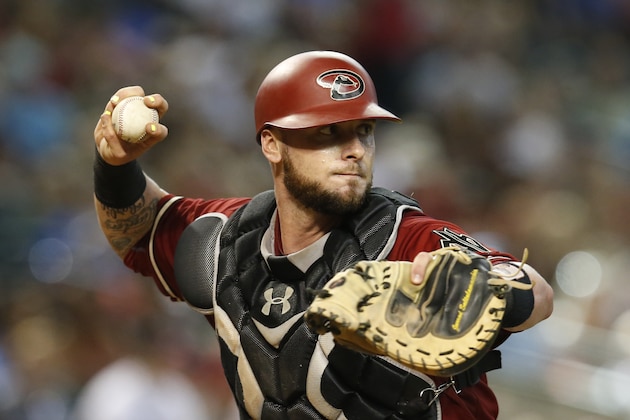 Arizona Diamondbacks catcher Jarrod Saltalamacchia (8) in the first inning during a baseball game against the Oakland Athletics, Sunday, Aug. 30, 2015, in Phoenix. (AP Photo/Rick Scuteri)