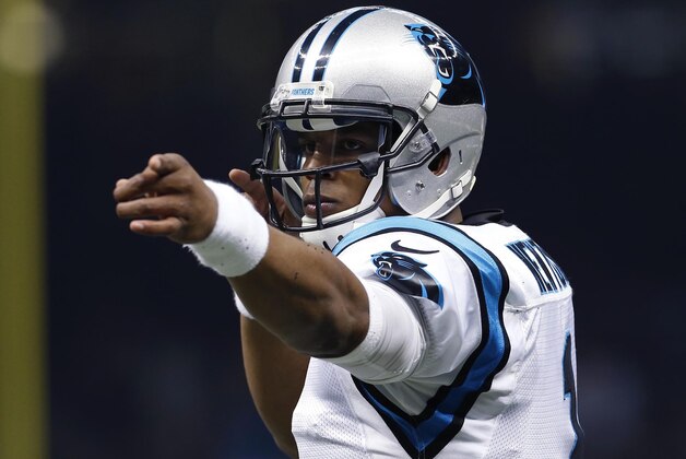 Carolina Panthers quarterback Cam Newton (1) reacts in the first half of an NFL football game against the New Orleans Saints in New Orleans, Sunday, Dec. 6, 2015. (AP Photo/Jonathan Bachman)