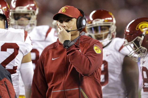 Southern California head coach Clay Helton, center, reacts during the first quarter of a Pac-12 Conference championship NCAA college football game against Stanford, Saturday, Dec. 5, 2015, in Santa Clara, Calif. (AP Photo/Ben Margot)