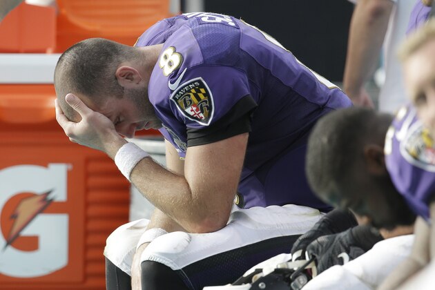 Baltimore Ravens quarterback Matt Schaub (8) sits on the sidelines during the final minutes in the second half of an NFL football game against the Miami Dolphins, Sunday, Dec. 6, 2015, in Miami Gardens, Fla. The Dolphins defeated the Ravens 15-13.  (AP Photo/Lynne Sladky)