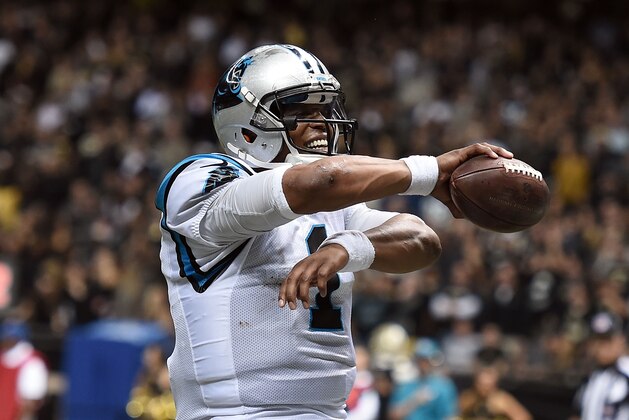 NEW ORLEANS, LA - DECEMBER 06:  Cam Newton #1 of the Carolina Panthers celebrates a touchdown during the fourth quarter of a game against the New Orleans Saints at the Mercedes-Benz Superdome on December 6, 2015 in New Orleans, Louisiana. Carolina won the game 41-38. (Photo by Stacy Revere/Getty Images)