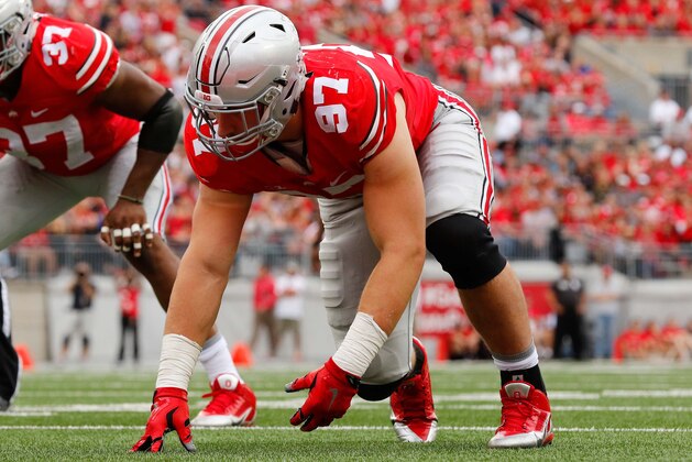 Sep 26, 2015; Columbus, OH, USA; Ohio State Buckeyes defensive lineman Joey Bosa (97) lines up versus the Western Michigan Broncos at Ohio Stadium. Ohio State won the game 38-12. Mandatory Credit: Joe Maiorana-USA TODAY Sports