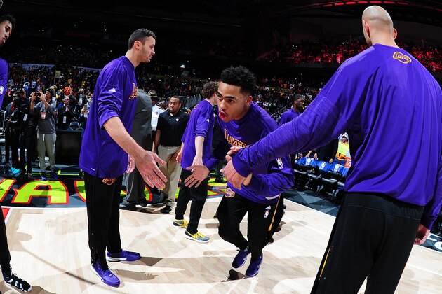ATLANTA, GA - DECEMBER 4: D'Angelo Russell #1 of the Los Angeles Lakers gets introduced before the game against the Atlanta Hawks on December 4, 2015 at Philips Arena in Atlanta, Georgia.  NOTE TO USER: User expressly acknowledges and agrees that, by downloading and/or using this Photograph, user is consenting to the terms and conditions of the Getty Images License Agreement. Mandatory Copyright Notice: Copyright 2015 NBAE (Photo by Scott Cunningham/NBAE via Getty Images)