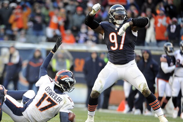 CHICAGO, IL- NOVEMBER 22: Willie Young #97 of the Chicago Bears reacts after sacking Brock Osweiler #17 of the Denver Broncos on November 22, 2015 at Soldier Field in Chicago, Illinois.  (Photo by David Banks/Getty Images)