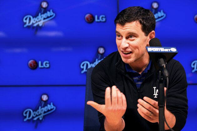 Dodger President of Baseball Operations Andrew Friedman, speaks during a news conference in Los Angeles on Thursday, Oct. 22, 2015. Don Mattingly won't return as manager of the Los Angeles Dodgers next year after agreeing with his bosses that he and the team needed a fresh start. (AP Photo/Richard Vogel)