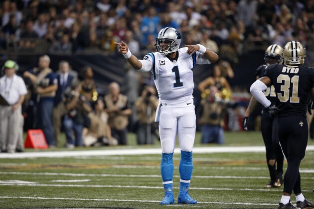 Carolina Panthers quarterback Cam Newton (1) reacts in the first half of an NFL football game against the New Orleans Saints in New Orleans, Sunday, Dec. 6, 2015. (AP Photo/Bill Feig)