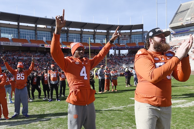 Clemson quarterback Deshaun Watson, left, and offensive guard Eric Mac Lain celebrate during a pizza party celebrating Selection Sunday at Memorial Stadium, Sunday, Dec. 6, 2015, in Clemson, S.C. (AP Photo/Rainier Ehrhardt) Clemson quarterback Deshaun Watson, left, and offensive guard Eric Mac Lain celebrate during a pizza party celebrating Selection Sunday at Memorial Stadium, Sunday, Dec. 6, 2015, in Clemson, S.C. (AP Photo/Rainier Ehrhardt)