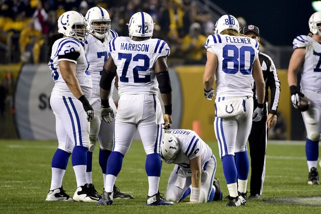 Indianapolis Colts quarterback Matt Hasselbeck (8) is injured as he plays against the Pittsburgh Steelers in the second half of an NFL football game, Sunday, Dec. 6, 2015, in Pittsburgh. (AP Photo/Fred Vuich)
