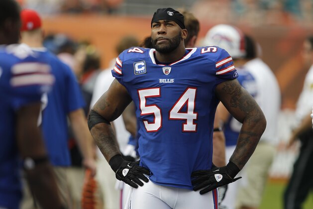 Buffalo Bills inside linebacker Andra Davis (54) is shown on the sideline during the first half of an NFL football game against the Miami Dolphins, Sunday, Nov. 20, 2011, in Miami Gardens, Fla. (AP Photo/Lynne Sladky)