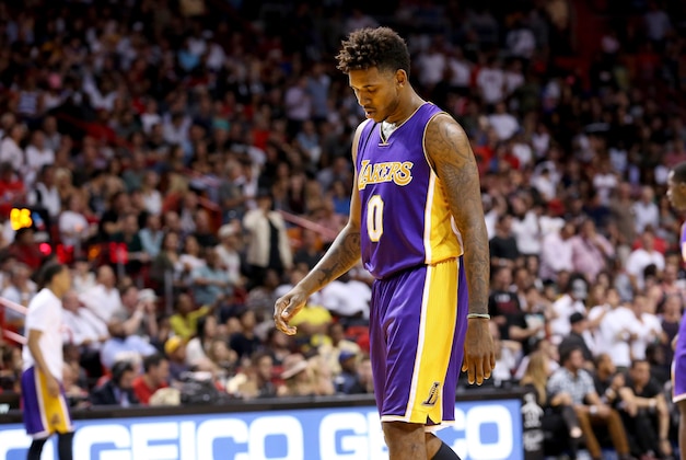Nov 10, 2015; Miami, FL, USA; Los Angeles Lakers forward Nick Young (0) reacts during the second half against Miami Heat at American Airlines Arena. Mandatory Credit: Steve Mitchell-USA TODAY Sports