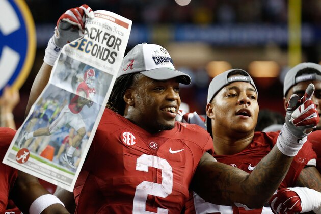 ATLANTA, GA - DECEMBER 05:  Running back Derrick Henry #2 of the Alabama Crimson Tide celebrates after the SEC Championship game against the Florida Gators at Georgia Dome on December 5, 2015 in Atlanta, Georgia.  (Photo by Mike Zarrilli/Getty Images)