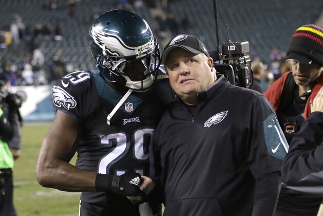 Philadelphia Eagles running back DeMarco Murray (29) talks to head coach Chip Kelly at the end of an NFL football game, Monday, Oct. 19, 2015, in Philadelphia. The Eagles beat the New York Giants 27-7. (AP Photo/Matt Rourke)