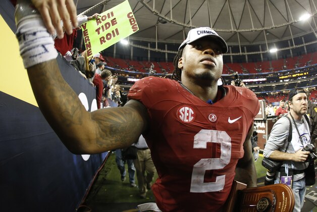 Alabama running back Derrick Henry (2) leaves the field after the second half of the Southeastern Conference championship NCAA college football game against Florida, Saturday, Dec. 5, 2015, in Atlanta. Alabama won 29-15. (AP Photo/John Bazemore)