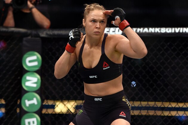 MELBOURNE, AUSTRALIA - NOVEMBER 15:  Ronda Rousey faces facing Holly Holm in their women's bantamweight championship bout during the UFC 193 event at Etihad Stadium on November 15, 2015 in Melbourne, Australia. (Photo by Jeff Bottari/Zuffa LLC/Zuffa LLC via Getty Images)