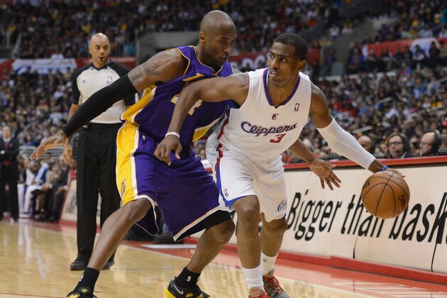 LOS ANGELES, CA - JANUARY 04:  Chris Paul #3 of the Los Angeles Clippers keeps his dribble away from Kobe Bryant #24 of the Los Angeles Lakers during a 107-102 Clipper win at Staples Center on January 4, 2013 in Los Angeles, California.  NOTE TO USER: User expressly acknowledges and agrees that, by downloading and or using this photograph, User is consenting to the terms and conditions of the Getty Images License Agreement.  (Photo by Harry How/Getty Images)