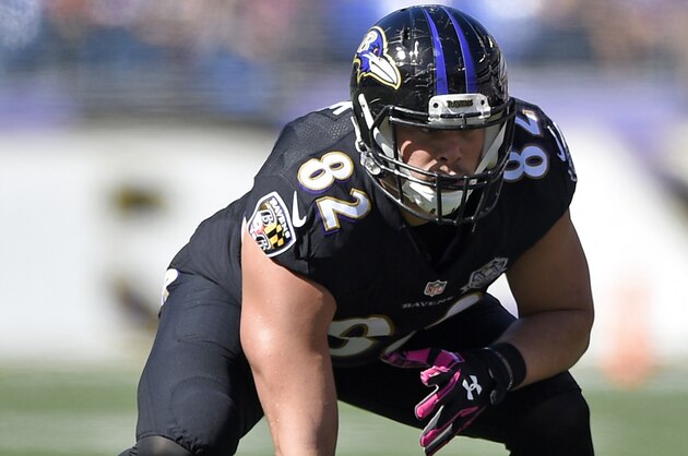 Baltimore Ravens tight end Nick Boyle lines up for a play in the first half of an NFL football game against the Cleveland Browns, Sunday, Oct. 11, 2015, in Baltimore. (AP Photo/Nick Wass)