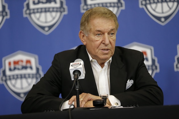 SAN ANTONIO, TX - OCTOBER 23:  USA Basketball Chairman Jerry Colangelo introduces San Antonio Spurs head coach Gregg Popovich as the new head coach of the USA National Team at the Spurs Training Facility on October 23, 2015 in San Antonio, Texas. NOTE TO USER: User expressly acknowledges and agrees that, by downloading and or using this photograph, User is consenting to the terms and conditions of the Getty Images License Agreement. Mandatory Copyright Notice: Copyright 2015 NBAE (Photo by Chris Covatta/NBAE via Getty Images)