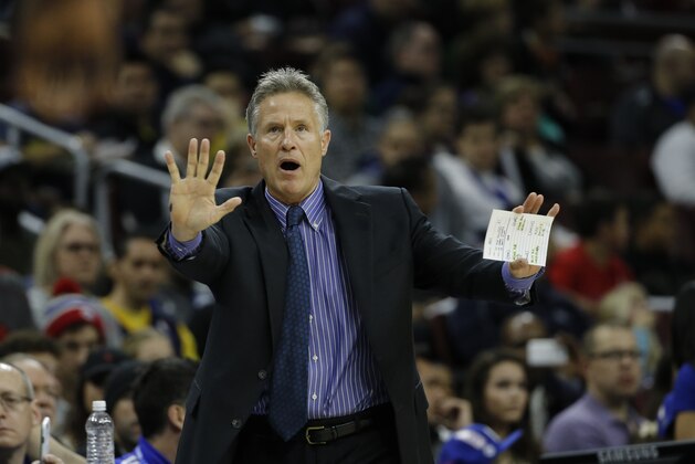 Philadelphia 76ers' Brett Brown in action during an NBA basketball game against the Denver Nuggets, Saturday, Dec. 5, 2015, in Philadelphia. (AP Photo/Matt Slocum)