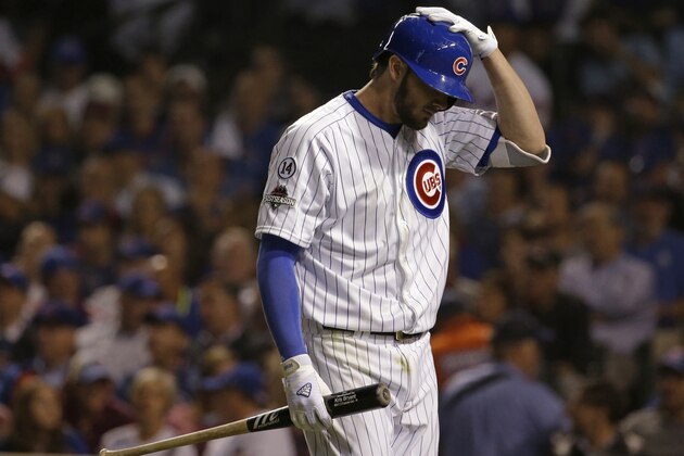 Chicago Cubs' Kris Bryant reacts after striking out during the sixth inning of Game 3 of the National League baseball championship series against the New York Mets Tuesday, Oct. 20, 2015, in Chicago. (AP Photo/Nam Y. Huh)
