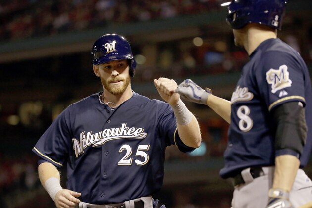 Milwaukee Brewers' Michael Reed, left, is congratulated by teammate Ryan Braun after scoring on a single by Jonathan Lucroy during the sixth inning of a baseball game against the St. Louis Cardinals on Saturday, Sept. 26, 2015, in St. Louis. (AP Photo/Jeff Roberson)