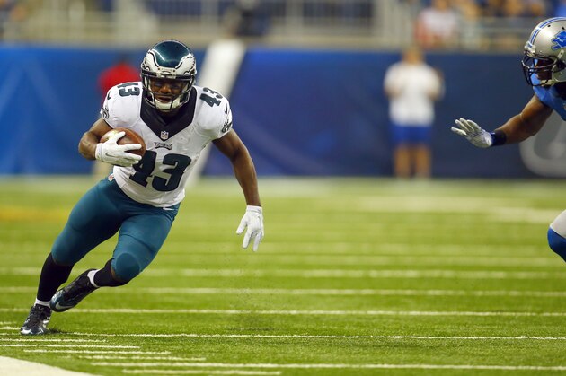 Philadelphia Eagles running back Darren Sproles (43) is chased by Detroit Lions outside linebacker Josh Bynes (57) during an NFL football game, Thursday, Nov. 26, 2015, in Detroit. The Lions won the game 45-14.  (Jeff Haynes/AP Images for Panini)