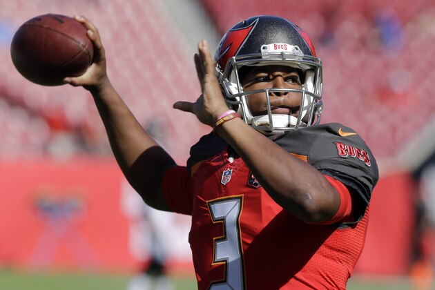 Tampa Bay Buccaneers quarterback Jameis Winston (3) throws a pass before an NFL football game against the Atlanta Falcons Sunday, Dec. 6, 2015, in Tampa, Fla. (AP Photo/Chris O'Meara)