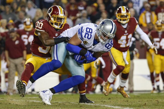 Dallas Cowboys tight end Jason Witten (82) is stopped by Washington Redskins strong safety Kyshoen Jarrett (30) during the first half of an NFL football game in Landover, Md., Monday, Dec. 7, 2015. (AP Photo/Alex Brandon)