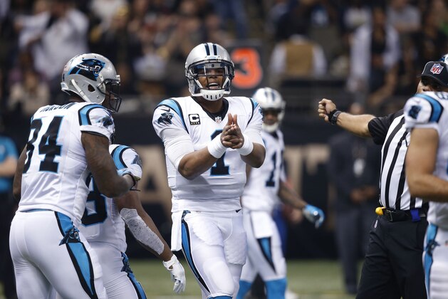 Carolina Panthers quarterback Cam Newton (1) calls out from the field in the first half of an NFL football game against the New Orleans Saints in New Orleans, Sunday, Dec. 6, 2015. (AP Photo/Bill Feig)