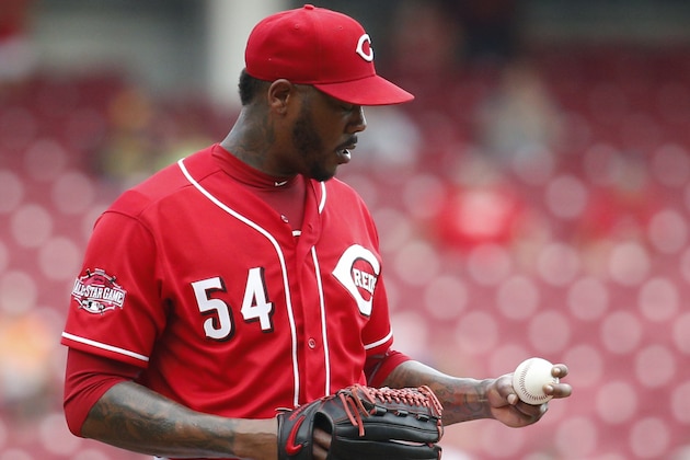 Cincinnati Reds relief pitcher Aroldis Chapman prepares to throw in the ninth inning of a baseball game against the Pittsburgh Pirates, Monday, Sept. 7, 2015, in Cincinnati. The Reds won 3-1. (AP Photo/John Minchillo)