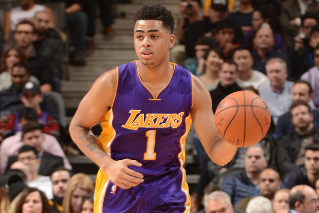 MINNEAPOLIS, MN -  DECEMBER 7: D'Angelo Russell #1 of the Los Angeles Lakers handles the ball against the Toronto Raptors on December 7, 2015 at Target Center in Minneapolis, Minnesota. NOTE TO USER: User expressly acknowledges and agrees that, by downloading and or using this Photograph, user is consenting to the terms and conditions of the Getty Images License Agreement. Mandatory Copyright Notice: Copyright 2015 NBAE  (Photo by Andrew D. Bernstein/NBAE via Getty Images)