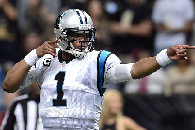 NEW ORLEANS, LA - DECEMBER 06:  Cam Newton #1 of the Carolina Panthers celebrates a first down during a game against the New Orleans Saints at the Mercedes-Benz Superdome on December 6, 2015 in New Orleans, Louisiana.  Carolina defeated New Orleans 41-38.  (Photo by Stacy Revere/Getty Images)