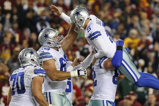 Dallas Cowboys kicker Dan Bailey (5) celebrates with his teammates after kicking the game-winning field goal during the second half of an NFL football game against the Washington Redskins in Landover, Md., Monday, Dec. 7, 2015. The Cowboy defeated the Redskins 19-16. (AP Photo/Alex Brandon)