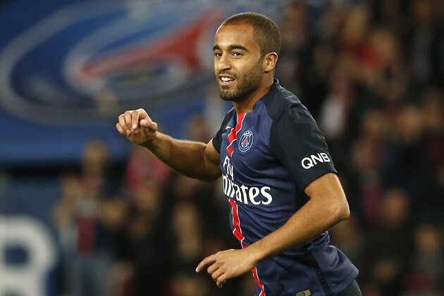 Paris Saint-Germain's Brazilian midfielder Lucas Moura reacts after scoring a goal during the French L1 football match between Paris Saint-Germain(PSG) and Toulouse (TFC) on November 7, 2015 at the Parc des Princes stadium, in Paris.  AFP PHOTO / THOMAS SAMSON        (Photo credit should read THOMAS SAMSON/AFP/Getty Images)