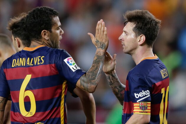 (L-R) Daniel Dani Alves of FC Barcelona, Lionel Messi of FC Barcelona during the Primera Division match between FC Barcelona and Levante UD on September 20, 2015 at Camp Nou stadium in Barcelona, Spain.(Photo by VI Images via Getty Images)