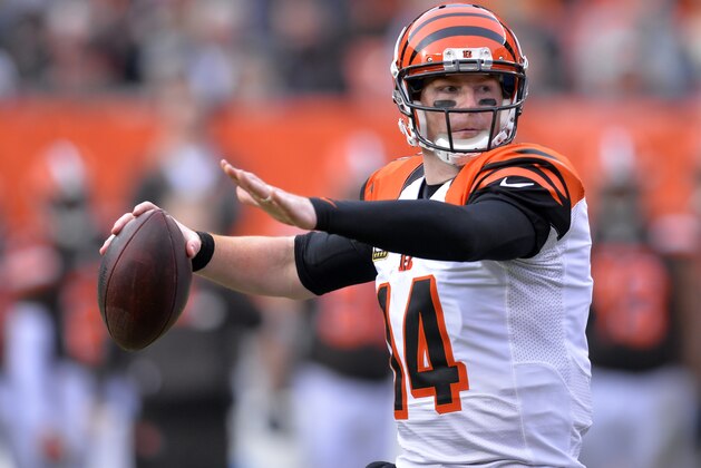 Cincinnati Bengals quarterback Andy Dalton (14) looks for a receiver in the first half of an NFL football game against the Cleveland Browns, Sunday, Dec. 6, 2015, in Cleveland. (AP Photo/David Richard) Cincinnati Bengals quarterback Andy Dalton (14) looks for a receiver in the first half of an NFL football game against the Cleveland Browns, Sunday, Dec. 6, 2015, in Cleveland. (AP Photo/David Richard)