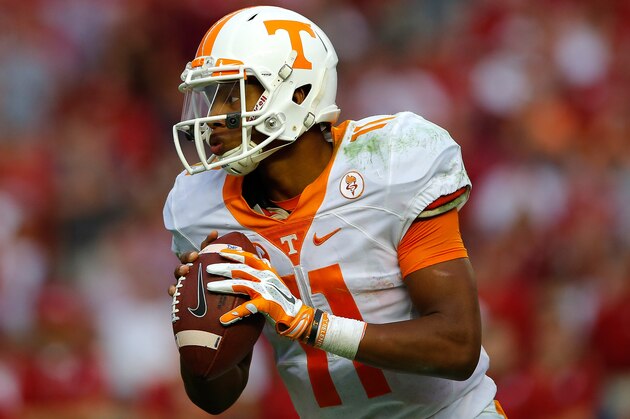 TUSCALOOSA, AL - OCTOBER 24:  Joshua Dobbs #11 of the Tennessee Volunteers looks to pass against the Alabama Crimson Tide at Bryant-Denny Stadium on October 24, 2015 in Tuscaloosa, Alabama.  (Photo by Kevin C. Cox/Getty Images)