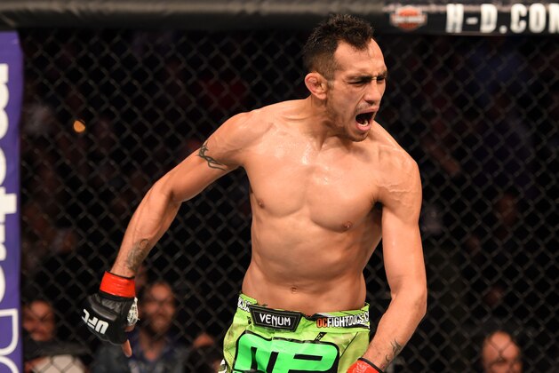 LOS ANGELES, CA - FEBRUARY 28:  Tony Ferguson celebrates after defeating Gleison Tibau in their lightweight bout during the UFC 184 event at Staples Center on February 28, 2015 in Los Angeles, California.  (Photo by Josh Hedges/Zuffa LLC/Zuffa LLC via Getty Images)