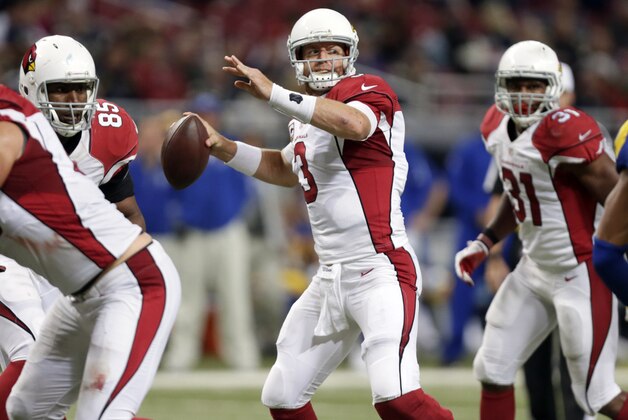 Arizona Cardinals quarterback Carson Palmer throws during the fourth quarter of an NFL football game against the St. Louis Rams on Sunday, Dec. 6, 2015, in St. Louis. (AP Photo/Tom Gannam)