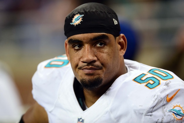 Nov 9, 2014; Detroit, MI, USA; Miami Dolphins defensive end Olivier Vernon (50) against the Detroit Lions at Ford Field. Mandatory Credit: Andrew Weber-USA TODAY Sports