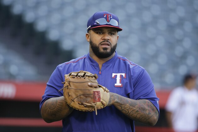 Texas Rangers' Prince Fielder during practice for a baseball game against the Los Angeles Angels, Friday, Sept. 4, 2015, in Anaheim, Calif. (AP Photo/Jae C. Hong)
