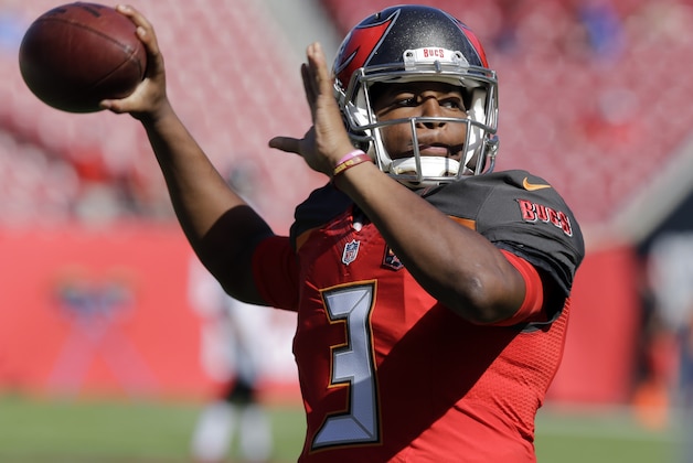 Tampa Bay Buccaneers quarterback Jameis Winston (3) throws a pass before an NFL football game against the Atlanta Falcons Sunday, Dec. 6, 2015, in Tampa, Fla. (AP Photo/Chris O'Meara)