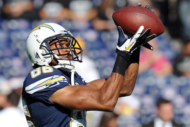 San Diego Chargers wide receiver (86) Vincent Brown on the field before a game against the Oakland Raiders at Qualcomm Stadium in San Diego, CA., on Sunday, December 22, 2013. (AP Photo/John Cordes)