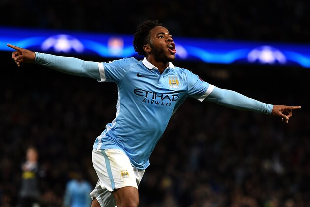 MANCHESTER, ENGLAND - DECEMBER 08:  Raheem Sterling of Manchester City celebrates scoring his side's third goal during the UEFA Champions League Group D match between Manchester City and Borussia Monchengladbach at Etihad Stadium on December 8, 2015 in Manchester, United Kingdom.  (Photo by Laurence Griffiths/Getty Images)