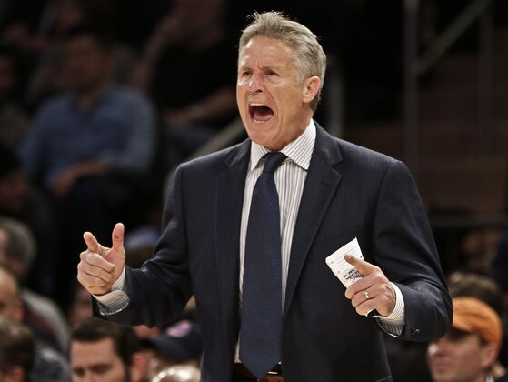 Philadelphia 76ers' Brett Brown reacts to a call during the first half of an NBA basketball game against the New York Knicks Wednesday, Dec. 2, 2015, in New York. (AP Photo/Frank Franklin II)