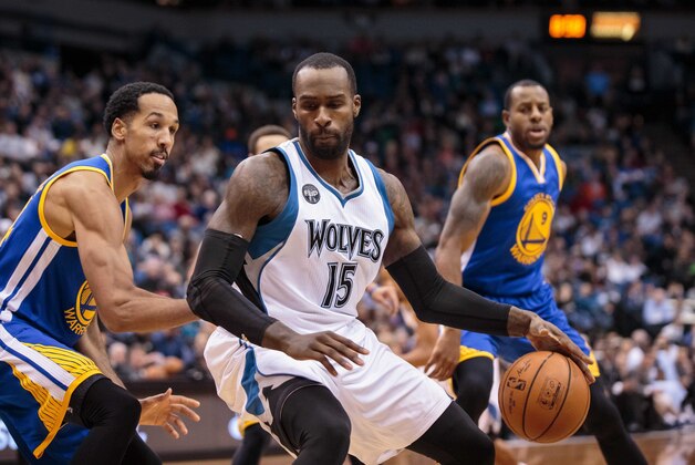 Nov 12, 2015; Minneapolis, MN, USA; Minnesota Timberwolves forward Shabazz Muhammad (15) dribbles in the third quarter against the Golden State Warriors at Target Center. The Golden State Warriors beat he Minnesota Timberwolves 129-116. Mandatory Credit: Brad Rempel-USA TODAY Sports